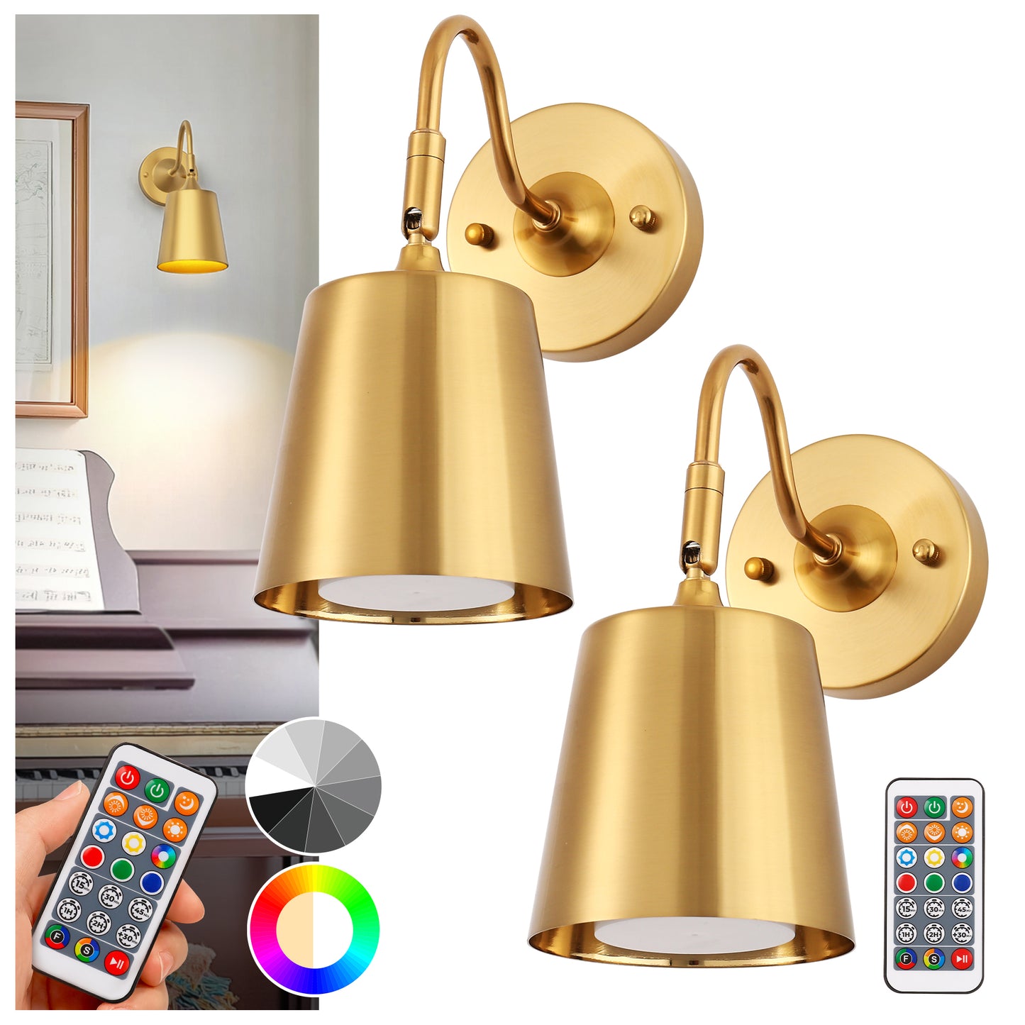 YANSUN Set of 2 Gold Wall Lamps with Bell Shade, Battery-Operated & Dimmable, Perfect for Hallway, Stairs, Living Room, and Bedroom