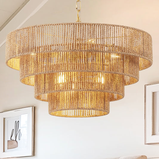 YANSUN  6-Light Boho Chandelier with Woven Rattan Shades, Copper Finish Multi-Tier Decorative Hanging Fixture