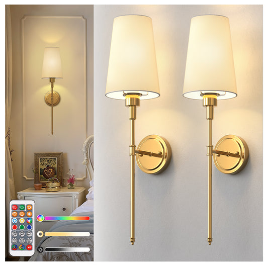 YANSUN Set of 2 Fabric Shade Wall Sconces with Adjustable Lighting, Brushed Copper Finish, 27-Inch Height, Modern Design