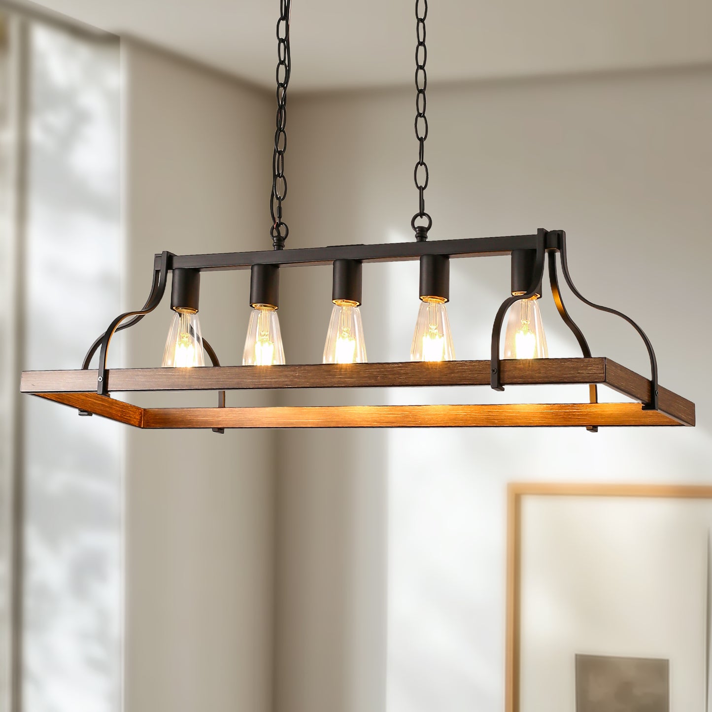 YANSUN 5-Light Island Pendant Light, Brown Metal Frame, Non-Integrated Design, Bulbs Not Included