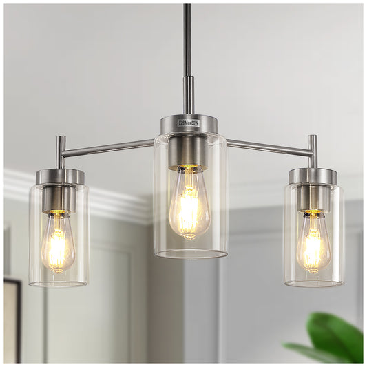 YANSUN 3-Light Chandelier in Brushed Nickel with Clear Glass Shades, a Modern Pendant Light Fixture for Kitchen or Dining Room