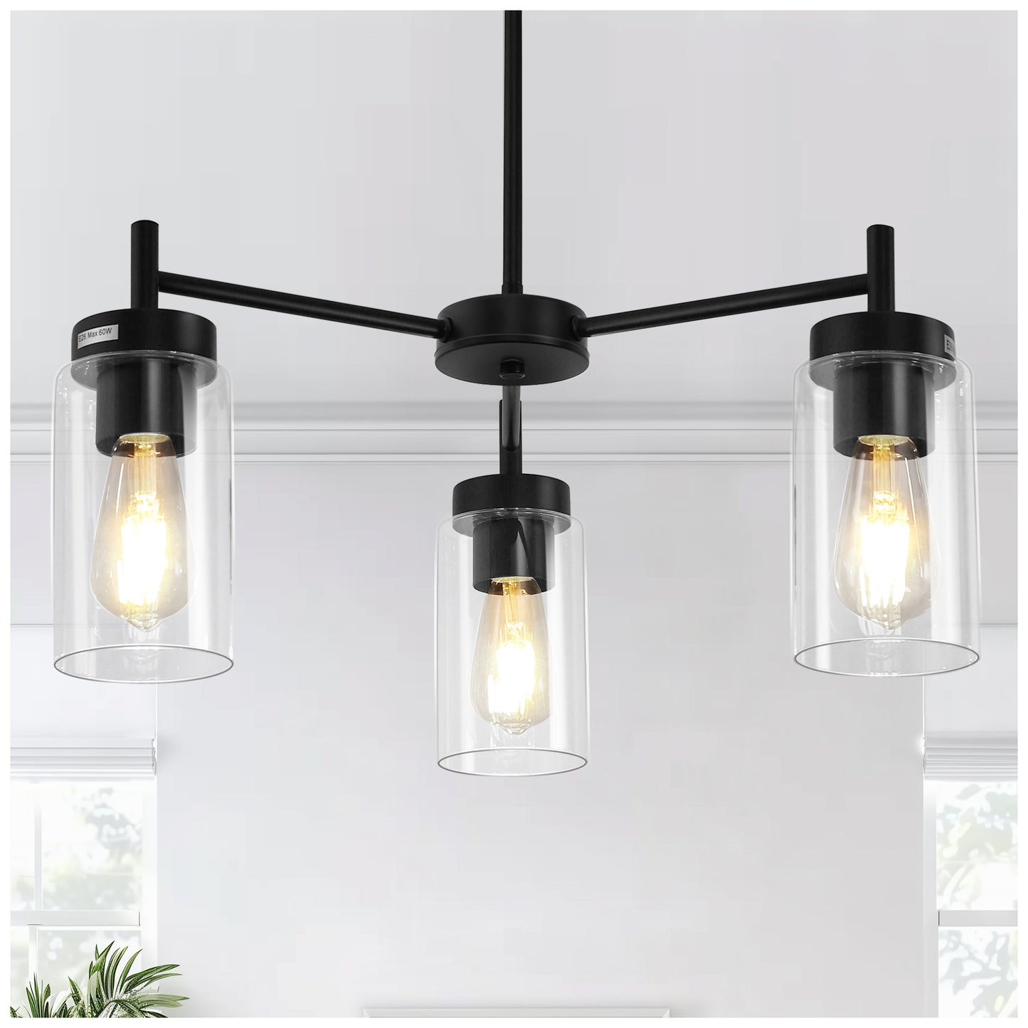 YANSUN Modern 3-Light Pendant Chandelier with Clear Glass Shades in Rustic Black, Ideal for Dining Room or Kitchen