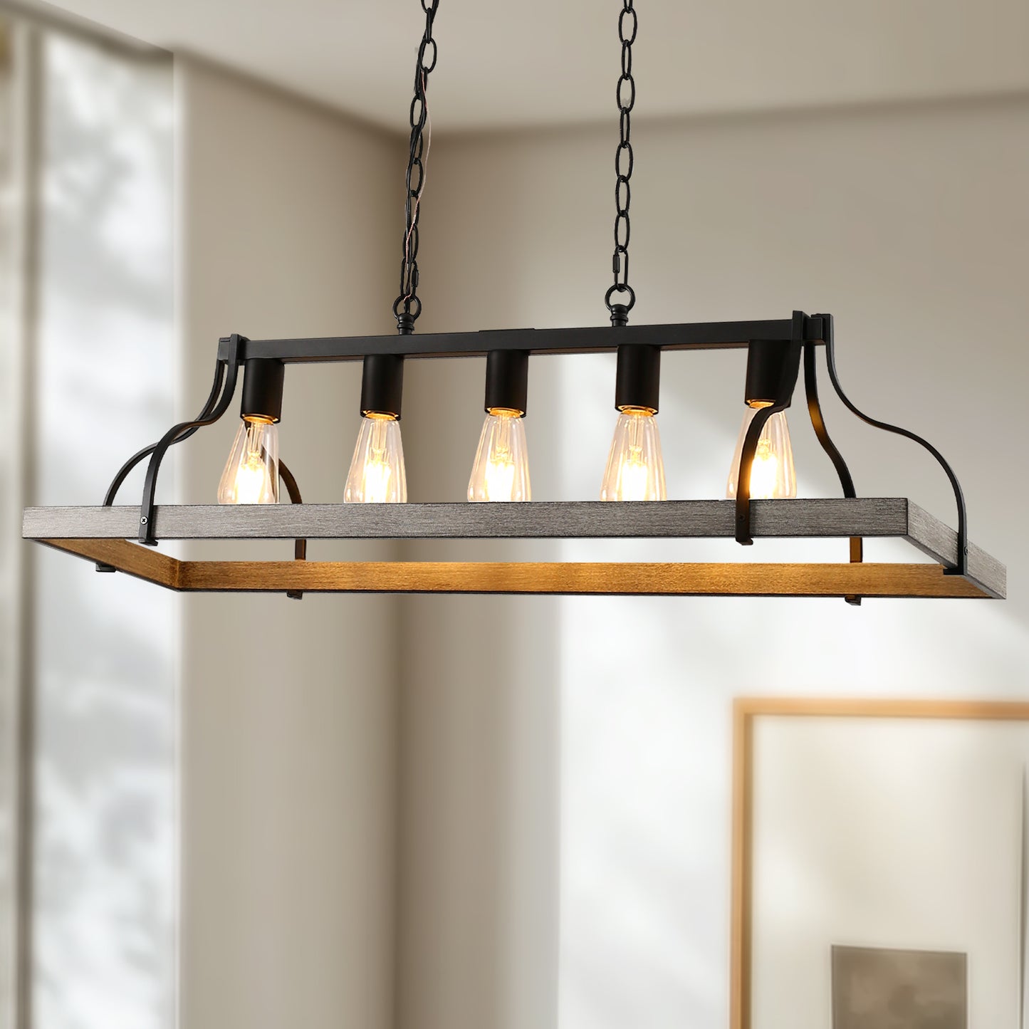 YANSUN 5-Lights Rustic Wood Gray Chandelier Kitchen Island Pendant Light with E26 Base for Kitchen Dining Room No Bulb Included