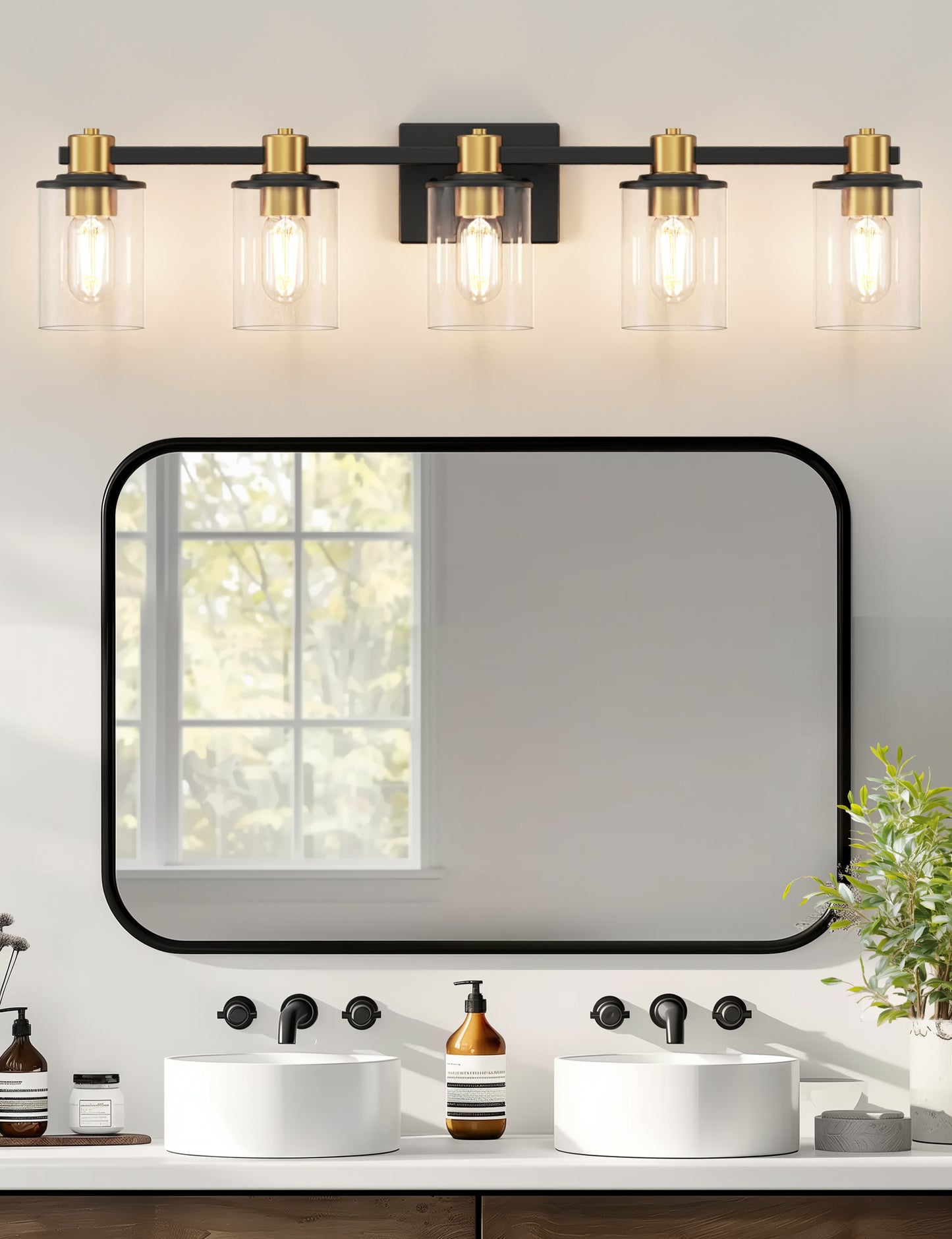 YANSUN 32 in. 5-Light Black Gold Vanity Light for Bathroom with Clear Glass Shade Wall Sconce