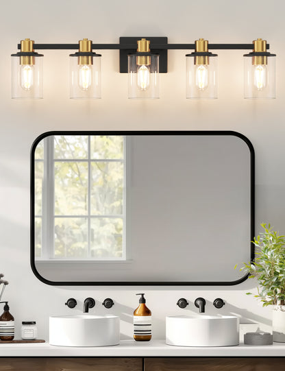 YANSUN 32 in. 5-Light Black Gold Vanity Light for Bathroom with Clear Glass Shade Wall Sconce