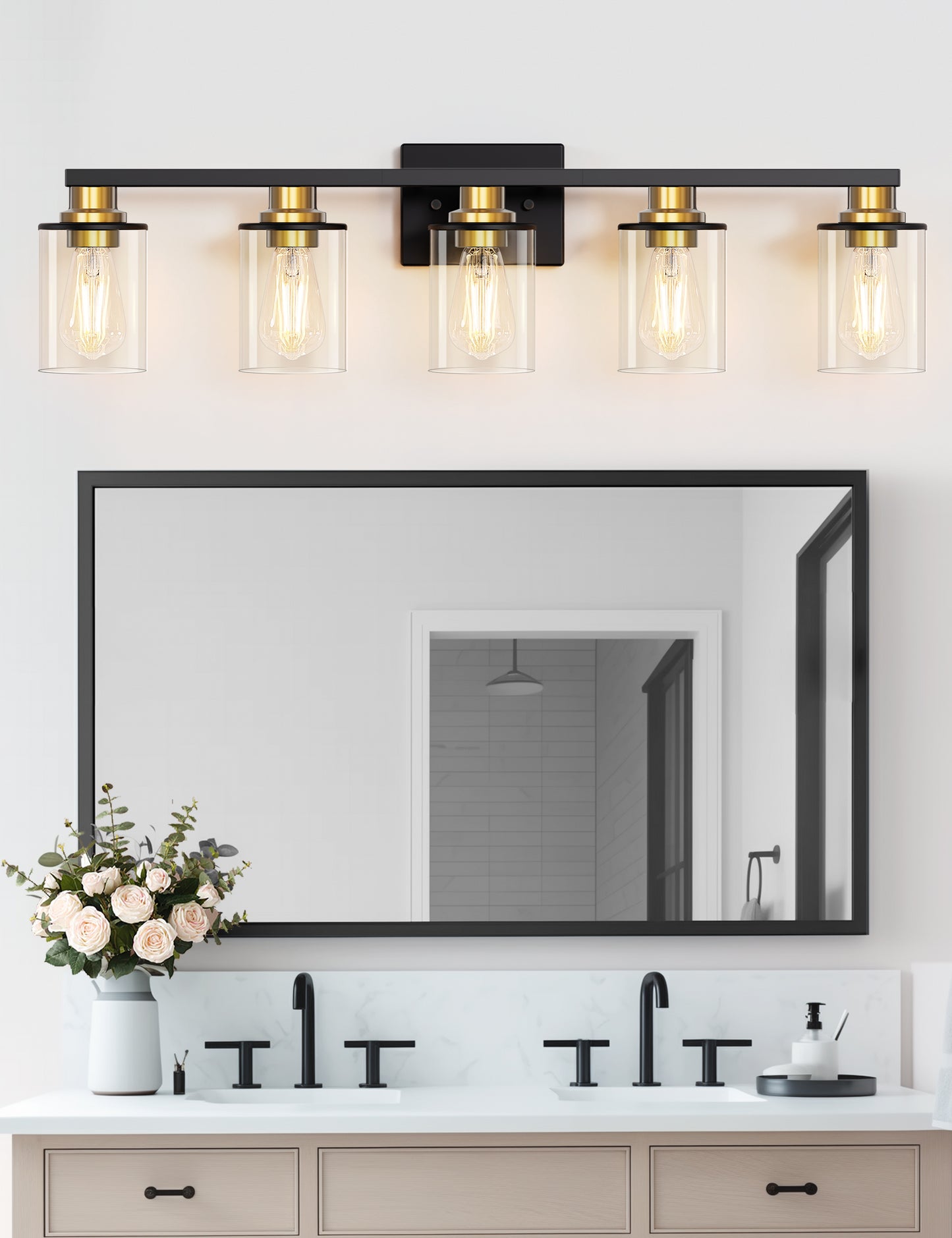 YANSUN 34 in. 5-Light Black and Gold Bathroom Vanity Light Fixture with Clear Glass Shades for Over Mirror