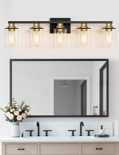 YANSUN 34 in. 5-Light Black and Gold Bathroom Vanity Light Fixture with Clear Glass Shades for Over Mirror