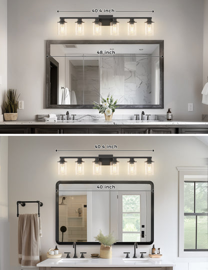 YANSUN 40 in. 6-Light Black Metal Dimmable Vanity Light with Clear Cylinder Glass Shades for Bathroom Vanity Light or mirror
