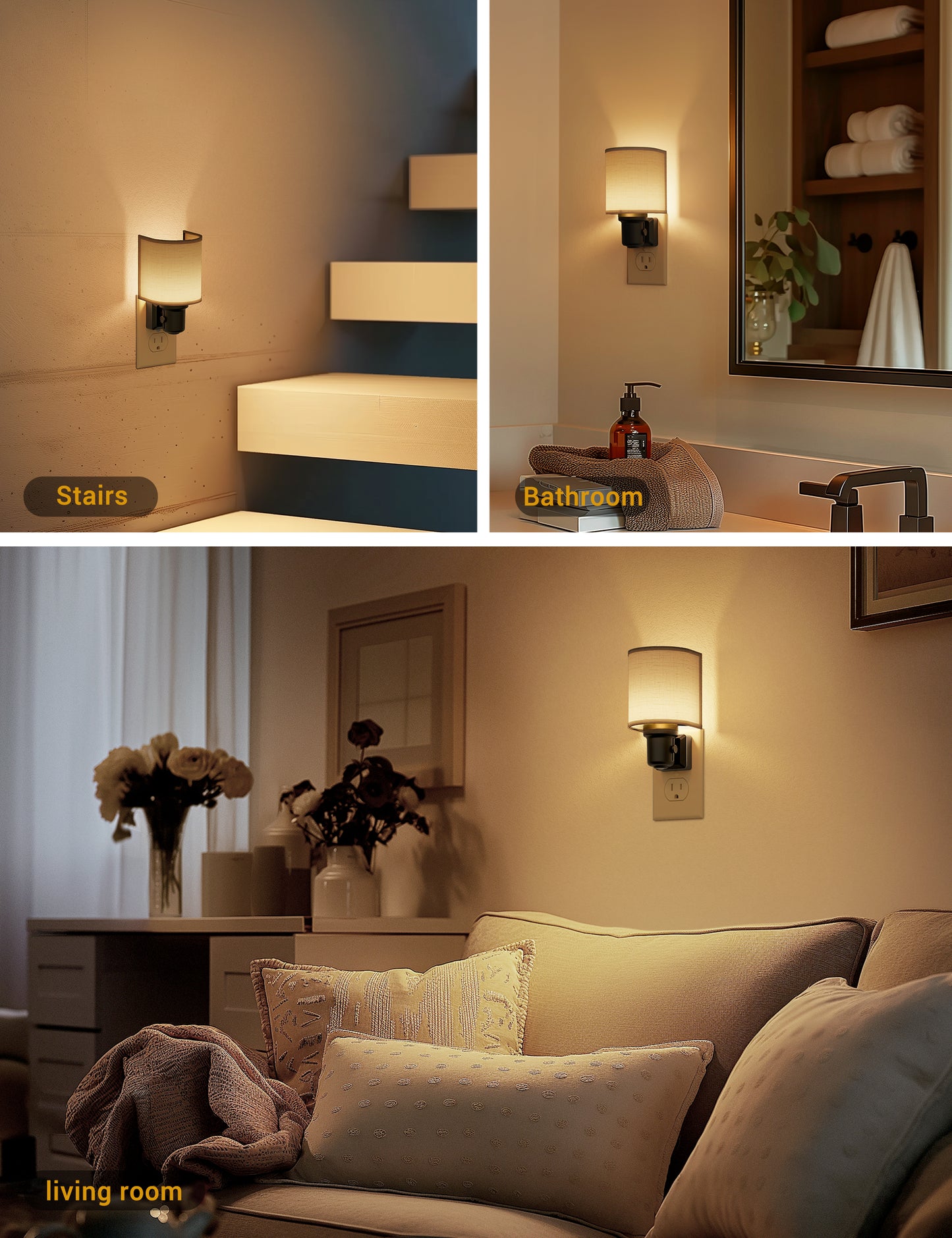 YANSUN 2-Pack 1W Dusk to Dawn Plug-in Night Lights Boho Fabric Shade 2700K Warm White LED Night Lights with Gold Ring Accent Dimmable for Bedroom Hallway