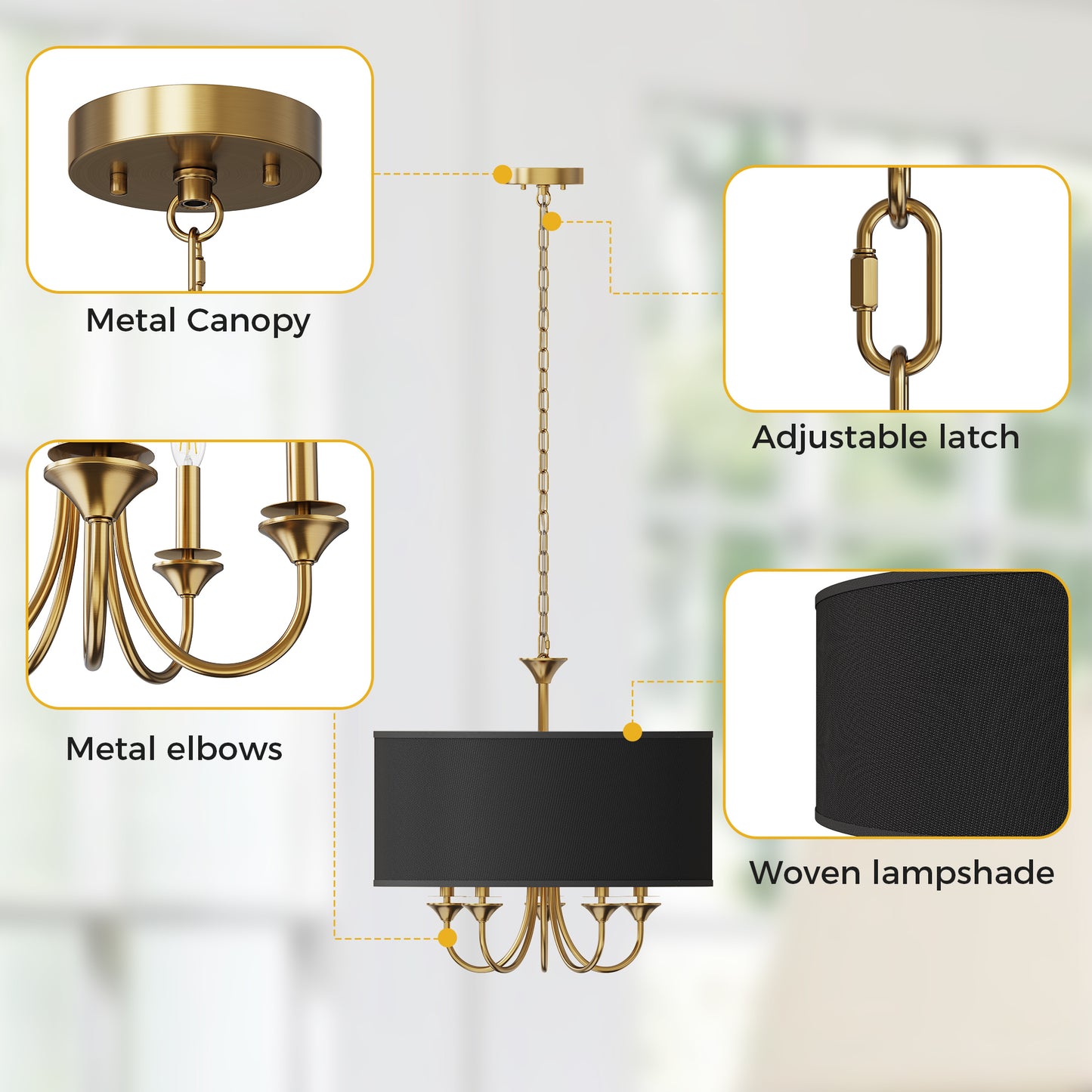 YANSUN 5-Light Gold Drum Chandelier KD Modern Branch Ceiling Light E12 Candle Fixture with Black Shades