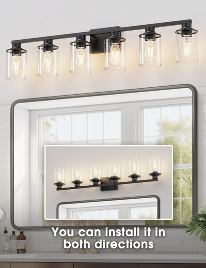 YANSUN 40 in. 6-Light Black Metal Dimmable Vanity Light with Clear Cylinder Glass Shades for Bathroom Vanity Light or mirror