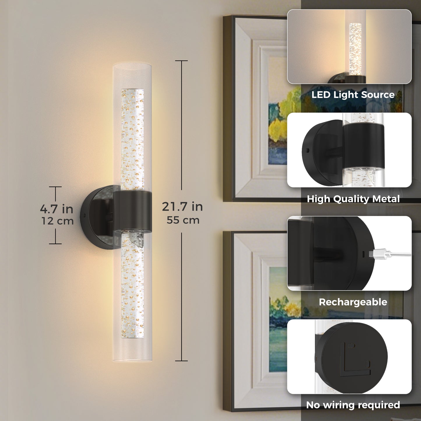 YANSUN 2-Pack Bubble Acrylic Black LED Wall Sconce Remote Control Remote Timer Dimmable Wall Light for Living Room Hallway