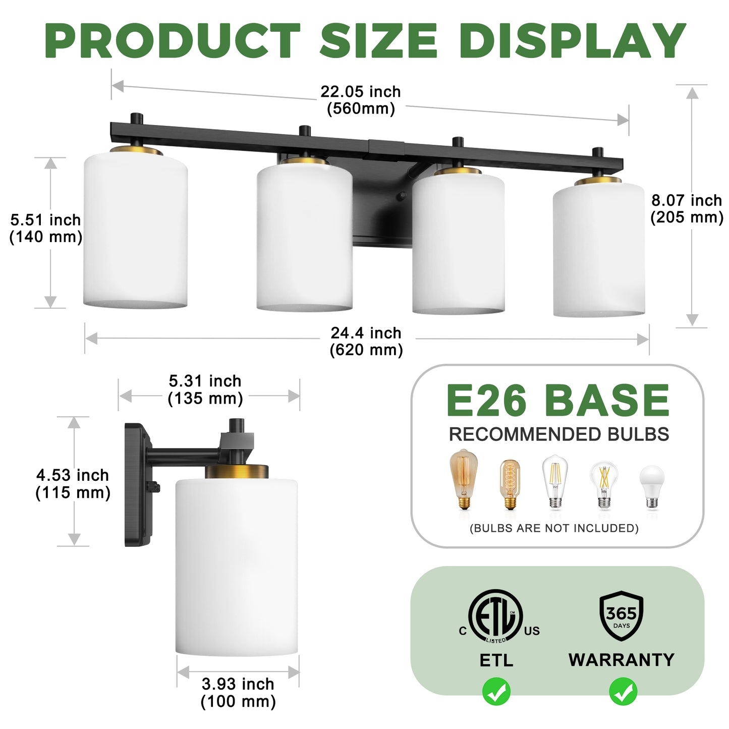 YANSUN 24 in. 4-Light Black and Gold Bathroom Vanity Light with Cylinder Frosted Glass Shade for Vanity or Dressing Room