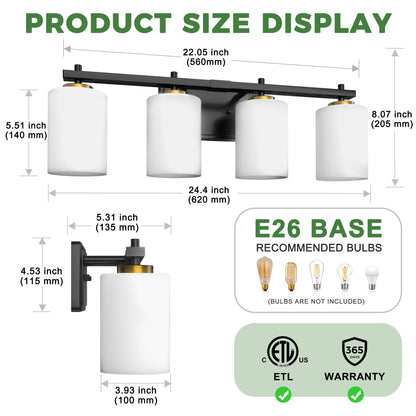 YANSUN 24 in. 4-Light Black and Gold Bathroom Vanity Light with Cylinder Frosted Glass Shade for Vanity or Dressing Room
