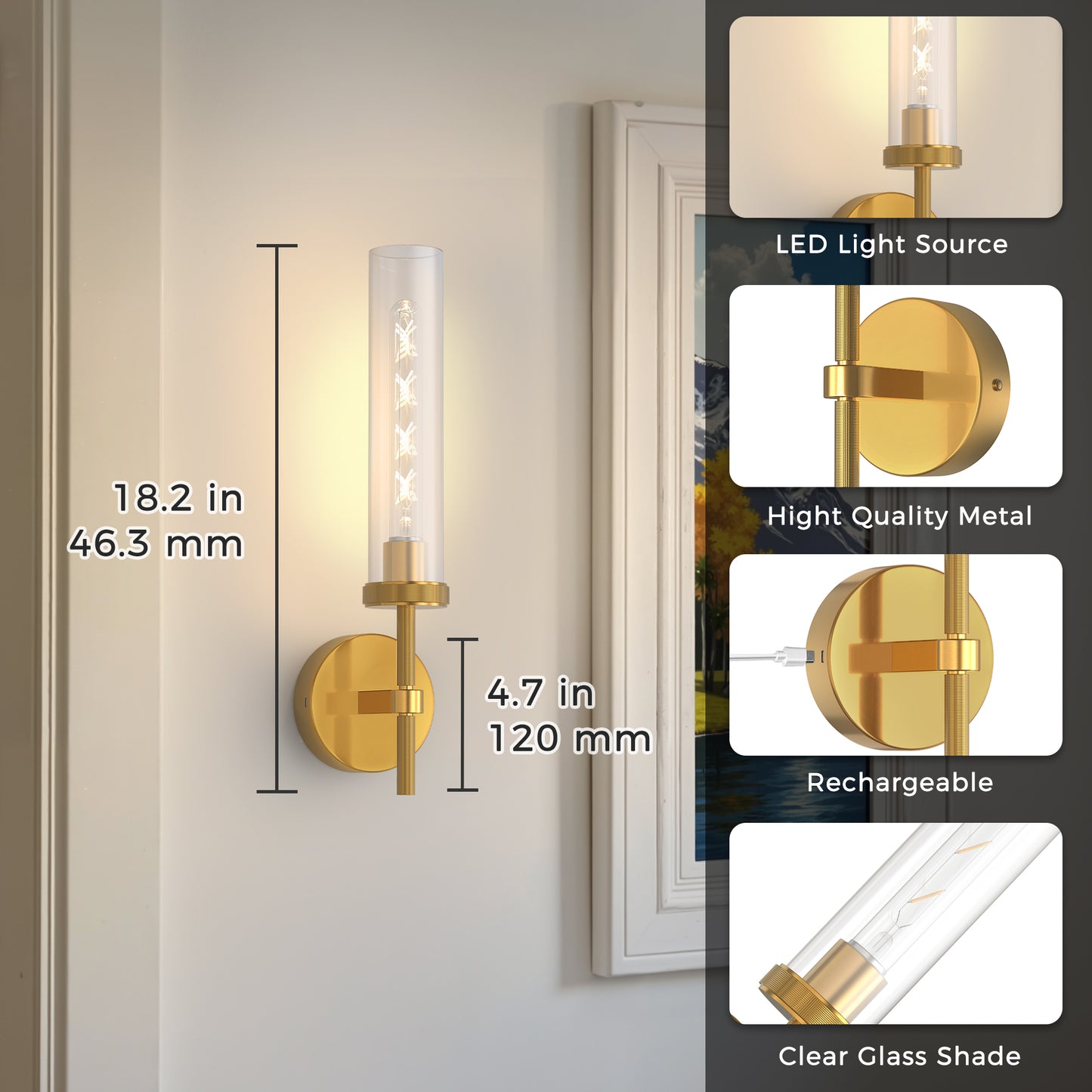 YANSUN 2-Pack Cylinder Copper Wall Sconce Remote Control Remote Timer Dimmable Wall Light with Clear Glass for Living Room