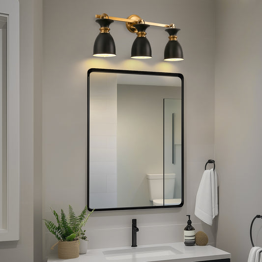 YANSUN 25 in. 3-Light Black and Gold Vanity Light with Black Cone Metal Shade Wall Sconce for Bathroom Vanity and Hallway
