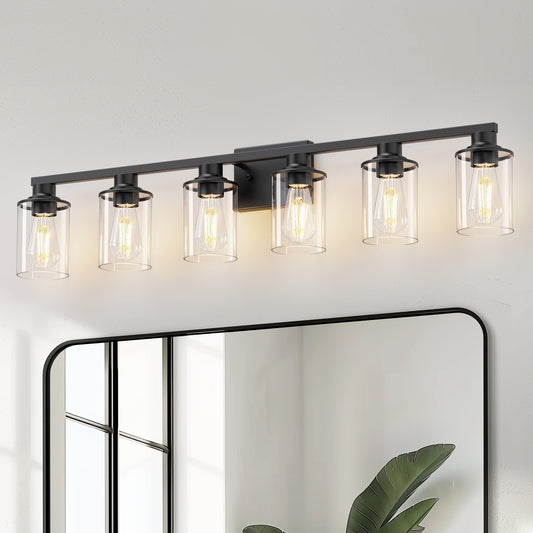 YANSUN 40 in. 6-Light Black Metal Dimmable Vanity Light with Clear Cylinder Glass Shades for Bathroom Vanity Light or mirror