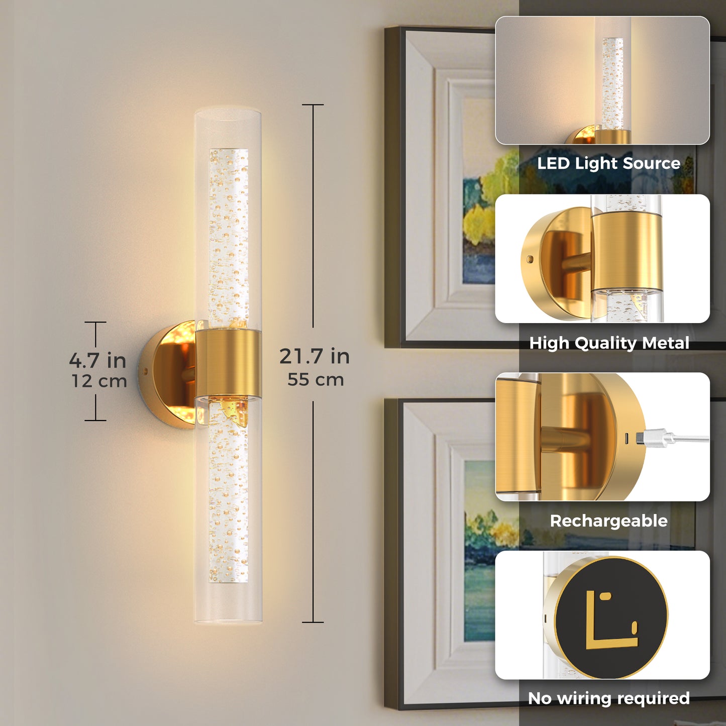 YANSUN 2-Pack Bubble Acrylic Copper LED Wall Sconce Remote Control Remote Timer Dimmable Wall Light for Living Room Hallway