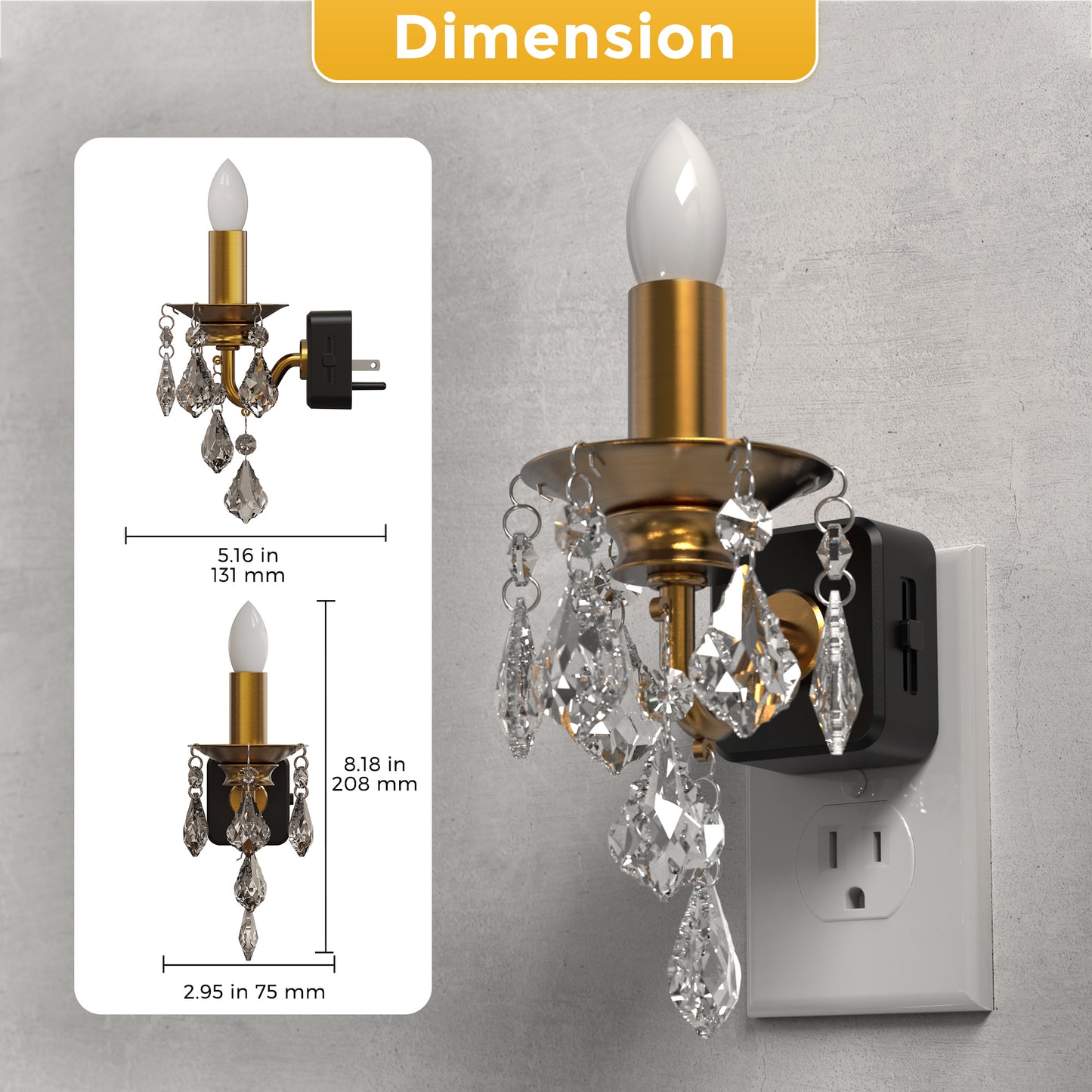 YANSUN 1W Plug-in Night Light with Amber 1600K, Dusk to Dawn Sensor, Slide Dimmer, Crystal Pendant, E12 Style