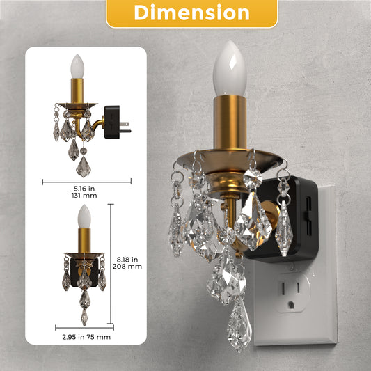 YANSUN 1W Plug-in Night Light with Amber 1600K, Dusk to Dawn Sensor, Slide Dimmer, Crystal Pendant, E12 Style