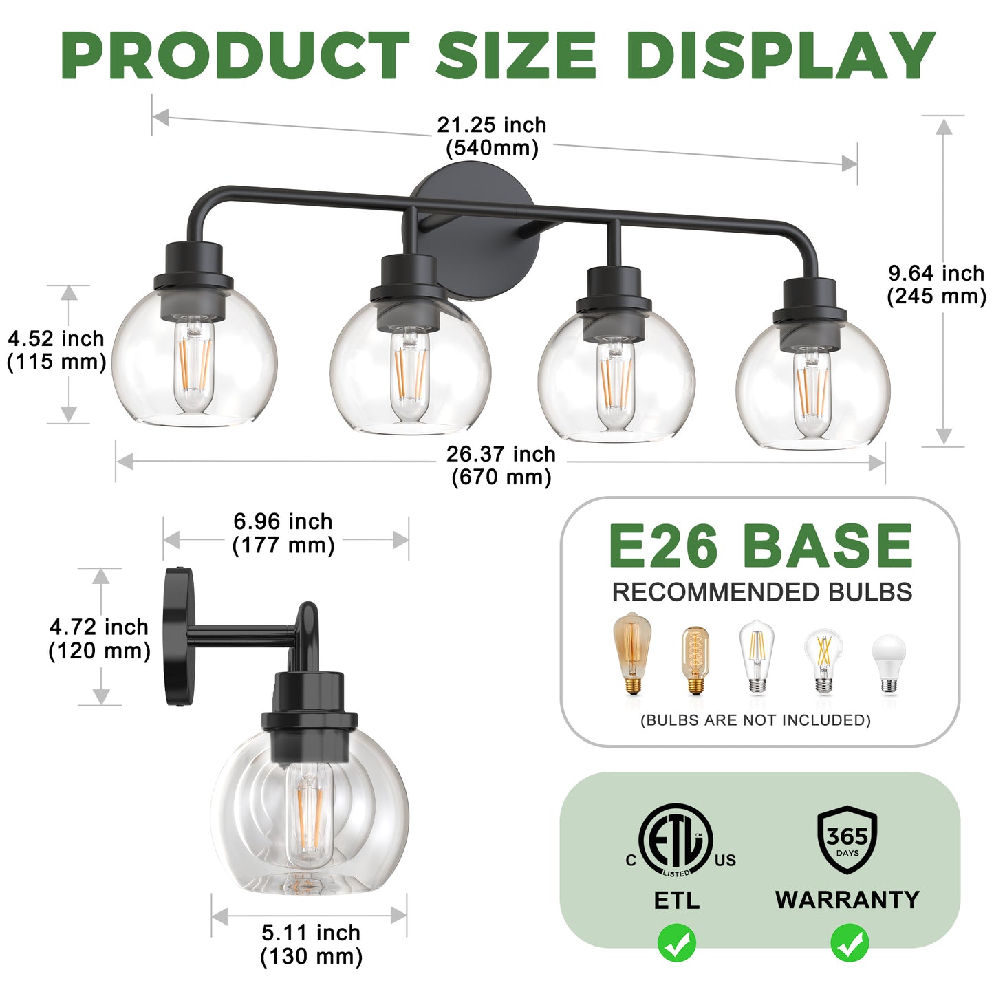 YANSUN 4-Light Black Vanity Light Fixture with Clear Globe Glass Shades Modern Bathroom Wall Sconce E26