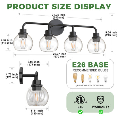 YANSUN 4-Light Black Vanity Light Fixture with Clear Globe Glass Shades Modern Bathroom Wall Sconce E26