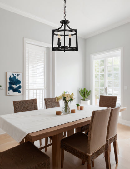 YANSUN 4-Light Black No Decorative Accents Drum Chandelier for Foyer Kitchen Island with No Bulbs Included