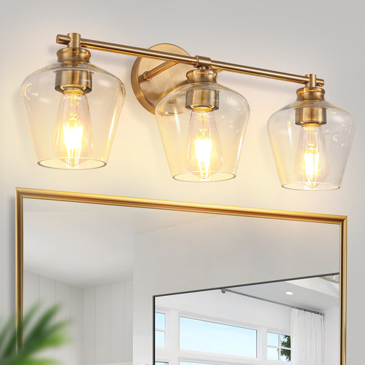 YANSUN 22 in. Gold 3-Light Vanity Light for Bathroom with Clear Wine Glass Shade and No Bulbs Included