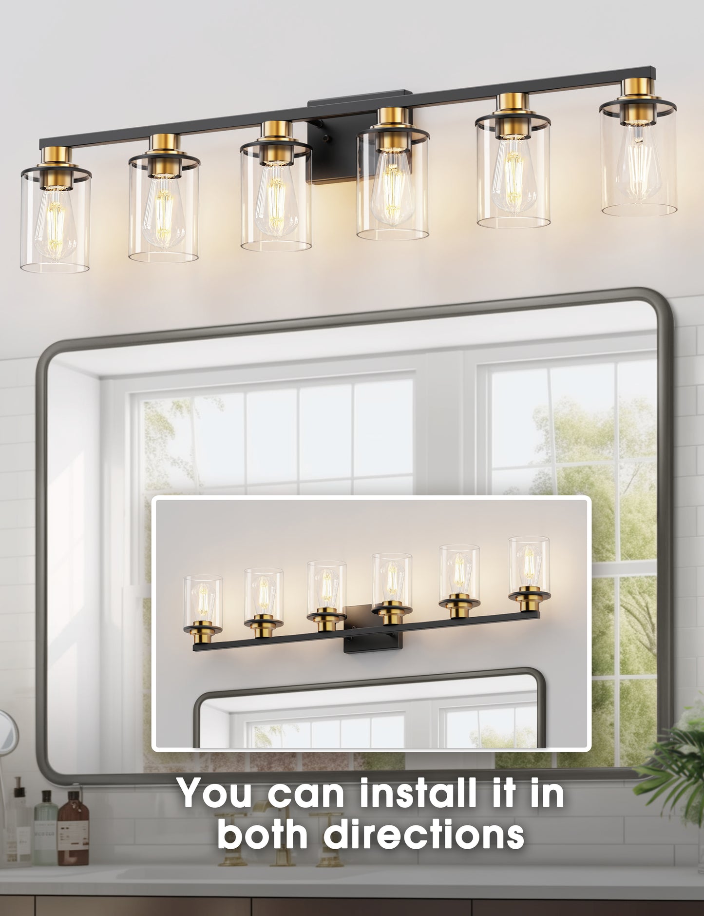 YANSUN 40 in. 6-Light Black and Gold Metal Vanity Light with Dimmable No Bulbs Included