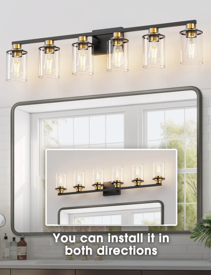 YANSUN 40 in. 6-Light Black and Gold Metal Vanity Light with Dimmable No Bulbs Included
