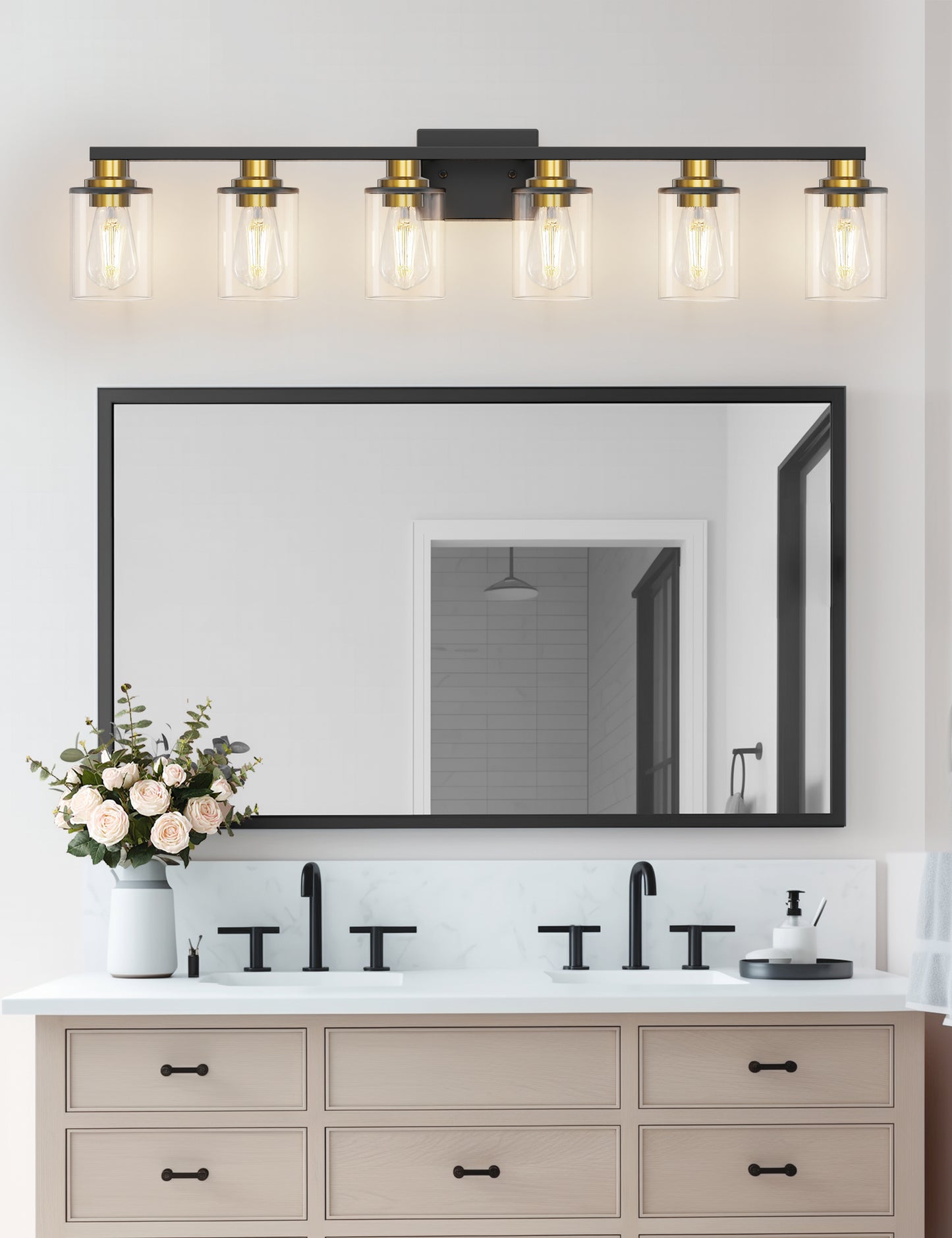 YANSUN 40 in. 6-Light Black and Gold Metal Vanity Light with Dimmable No Bulbs Included