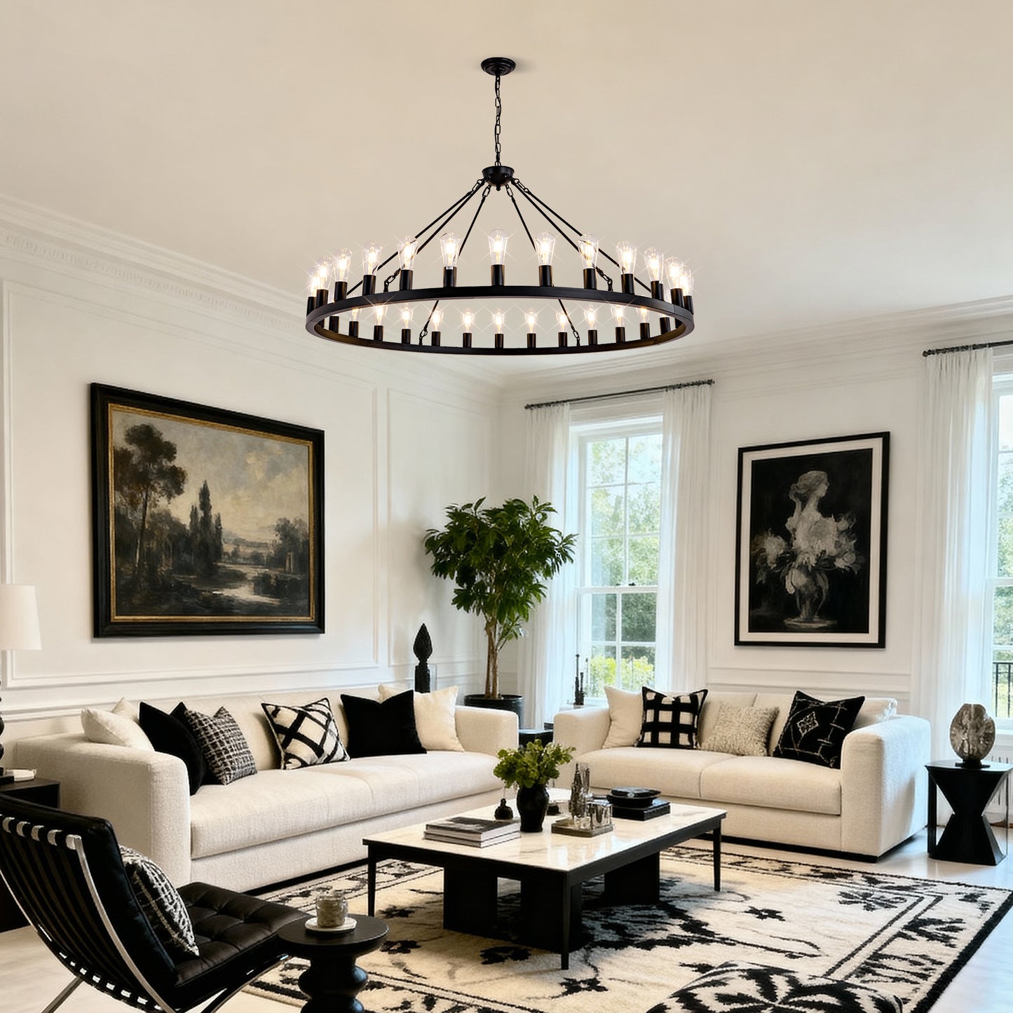 YANSUN 64in. Matte Black Wagon Wheel Chandelier 30-Light E26 Farmhouse Industrial Pendant Light for High Ceiling Dining Room (No Bulbs)