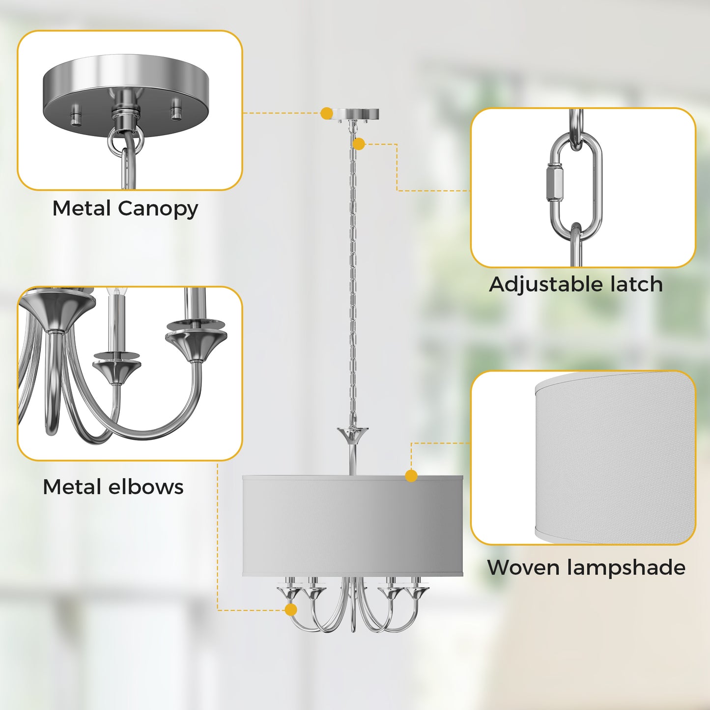 YANSUN 80.5 in. 5-Light Silver Drum Chandelier Modern Branch Arm Pendant Light E12 Base for Dining Room Kitchen Living Room
