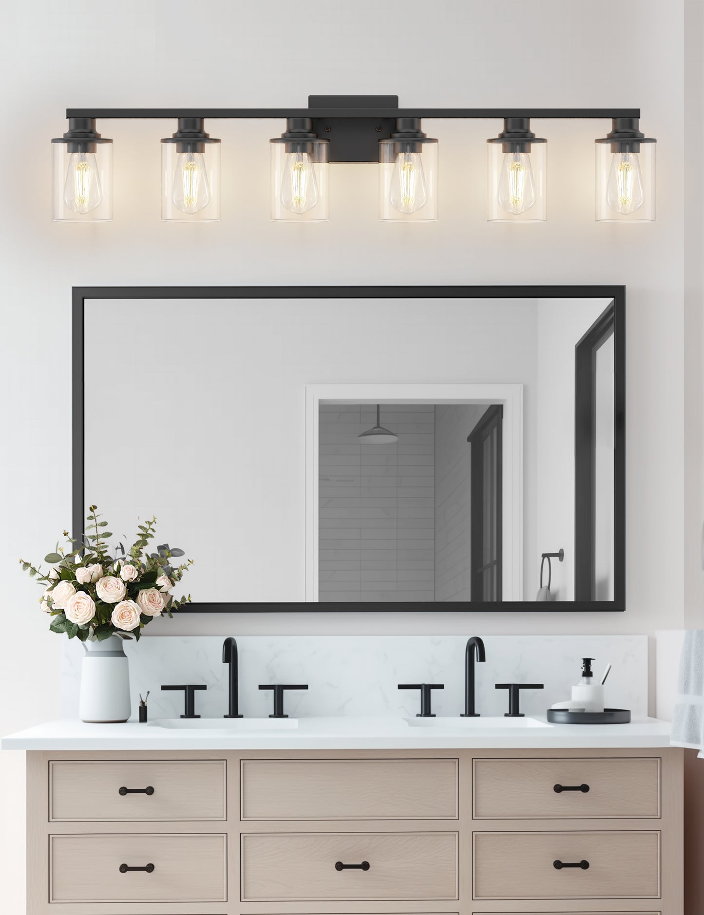 YANSUN 40 in. 6-Light Black Metal Dimmable Vanity Light with Clear Cylinder Glass Shades for Bathroom Vanity Light or mirror