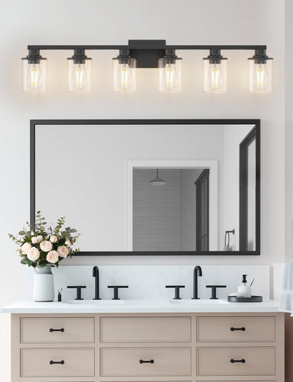 YANSUN 40 in. 6-Light Black Metal Dimmable Vanity Light with Clear Cylinder Glass Shades for Bathroom Vanity Light or mirror