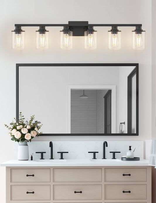 YANSUN 40 in. 6-Light Black Metal Dimmable Vanity Light with Clear Cylinder Glass Shades for Bathroom Vanity Light or mirror
