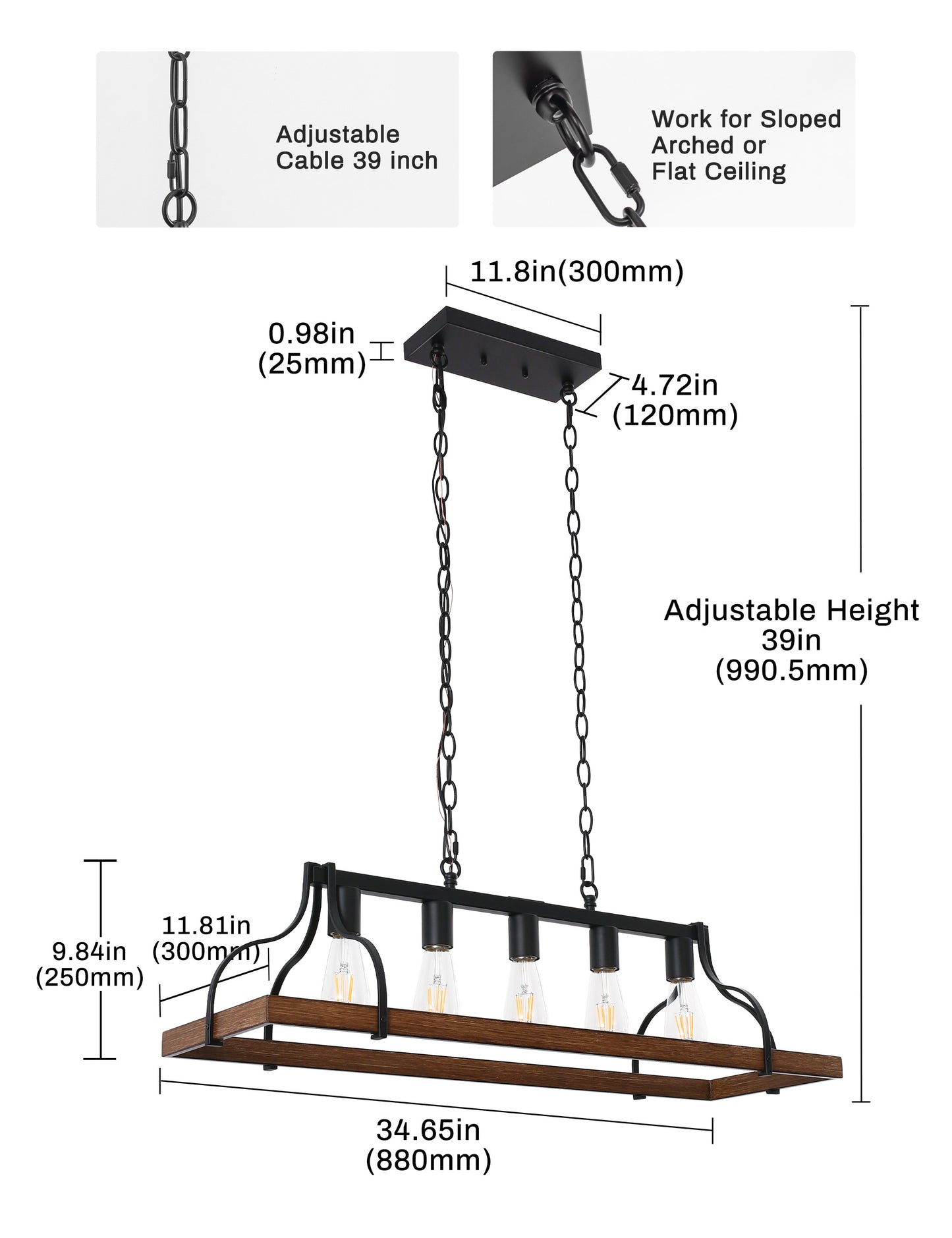 YANSUN 5-Light Island Pendant Light, Brown Metal Frame, Non-Integrated Design, Bulbs Not Included