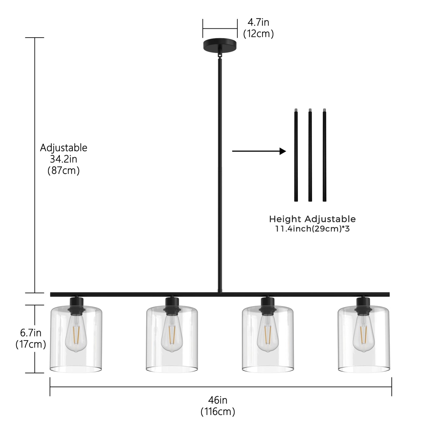 YANSUN 4-Light Island Pendant Light with Clear Glass Shades, Black Finish Hanging Fixture with E26 Base