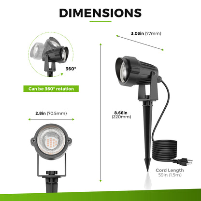 YANSUN 2-Pack Dusk-to-Dawn Outdoor LED Spotlights - IP66 Waterproof 8.27in Stake, UL 3-Prong Cord, 5W 450LM 2700K Warm Glow for Yard