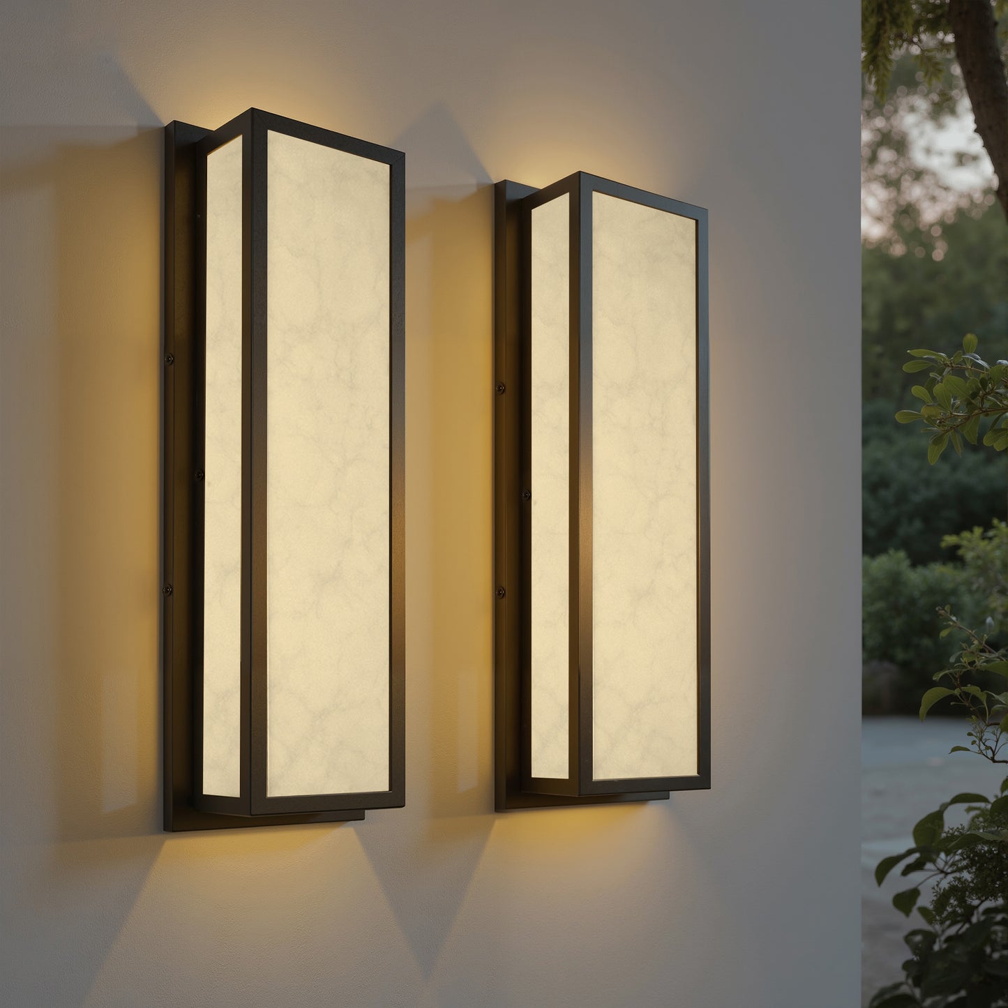 YANSUN 24.8in Outdoor LED Wall Light, IP65 Waterproof Rectangular Wall Sconce, 30W 3000K Warm Light Faux Alabaster Shade Exterior Fixture