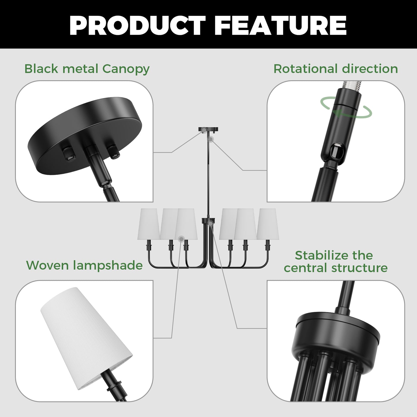 YANSUN 6-Light Industrial Black Chandelier with Tapered Fabric Shade E12 for Dining Room or Foyer Kitchen (Bulbs No Included)