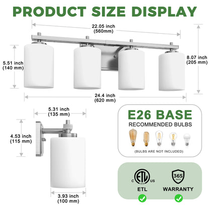 YANSUN 24 in. 4-Light Nickel Bathroom Vanity Light with Cylinder Frosted Glass Shade for Powder Room or Dressing Room