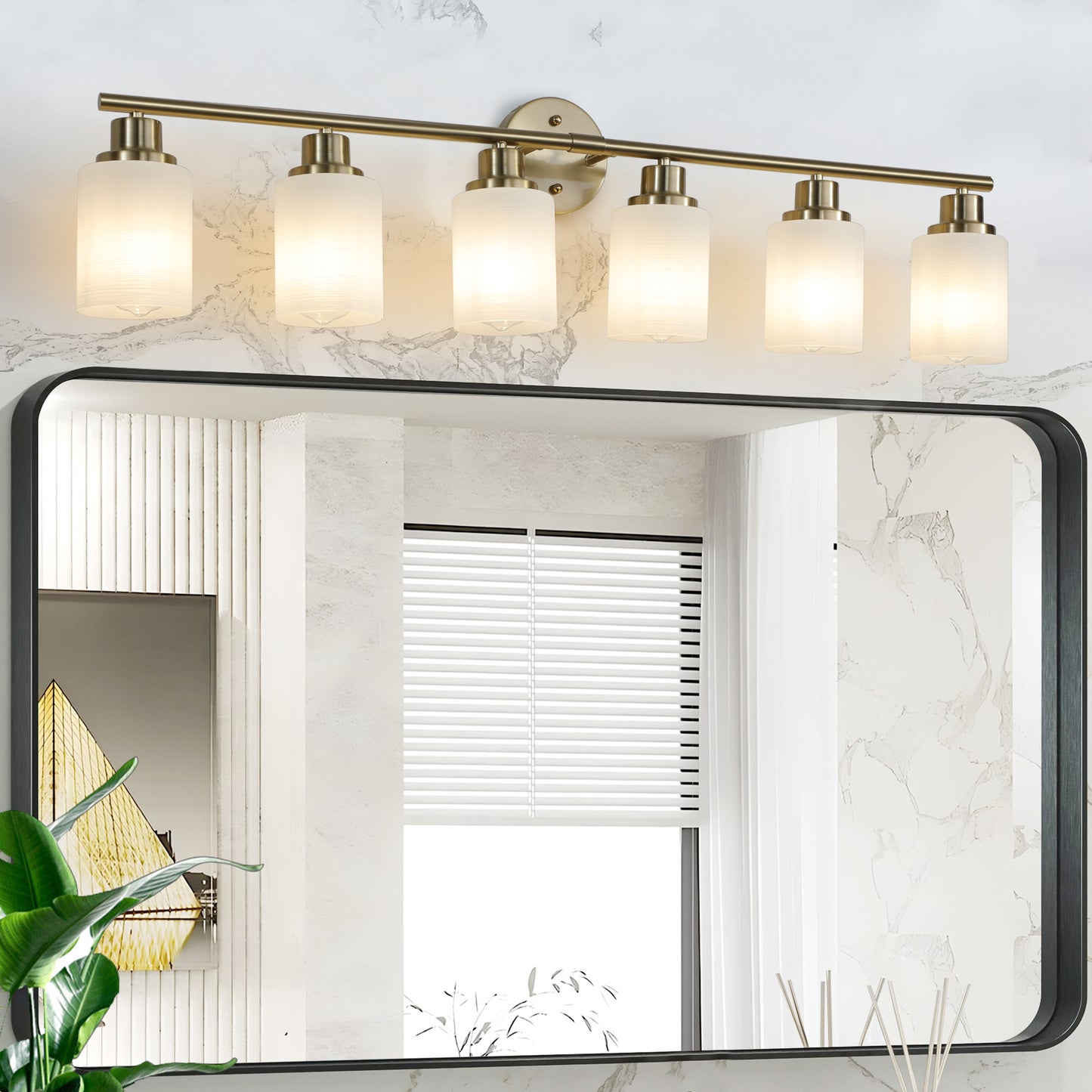 YANSUN Golden Modern Minimalist Bathroom Vanity Light, 6-Light Wall Sconce, Iron & Glass, E26 Base, Hard-Wired (Bulbs Not Included)
