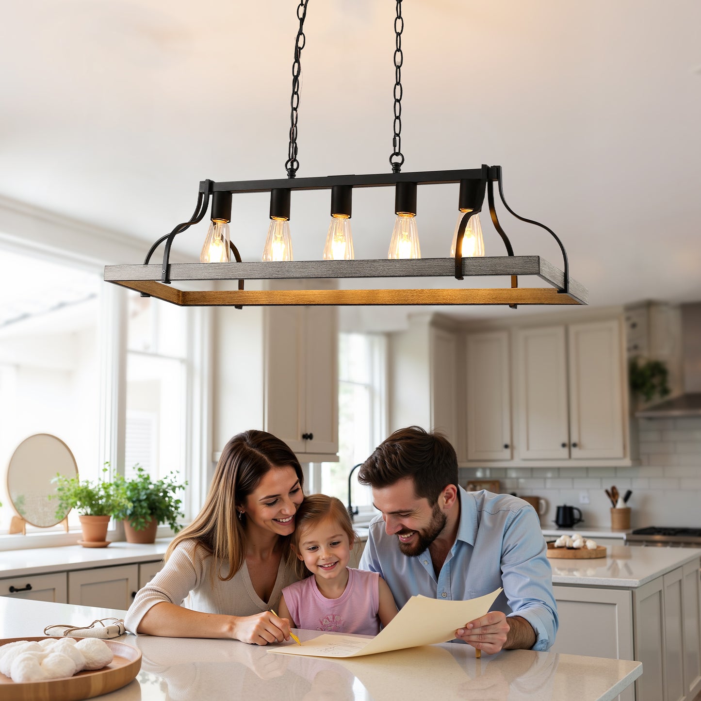 YANSUN 5-Lights Rustic Wood Gray Chandelier Kitchen Island Pendant Light with E26 Base for Kitchen Dining Room No Bulb Included