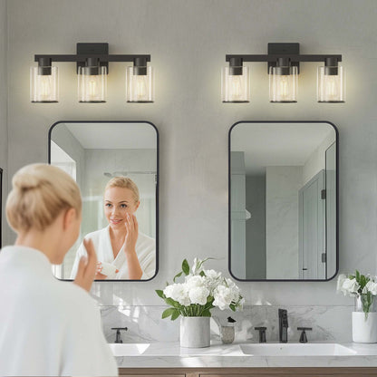 YANSUN 3-Light Industrial Bathroom Vanity Light Matte Black Glass Wall Fixture ETL Certified E26