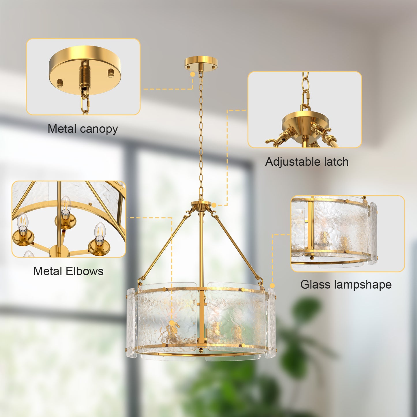 YANSUN 21 in. 5-Light Gold Modern Glass Drum Chandeliers, Dining Room Light Pendant Light Fixtures Over Table