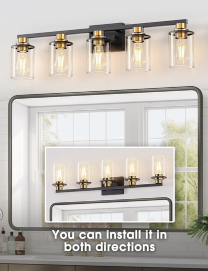 YANSUN 34 in. 5-Light Black and Gold Bathroom Vanity Light Fixture with Clear Glass Shades for Over Mirror