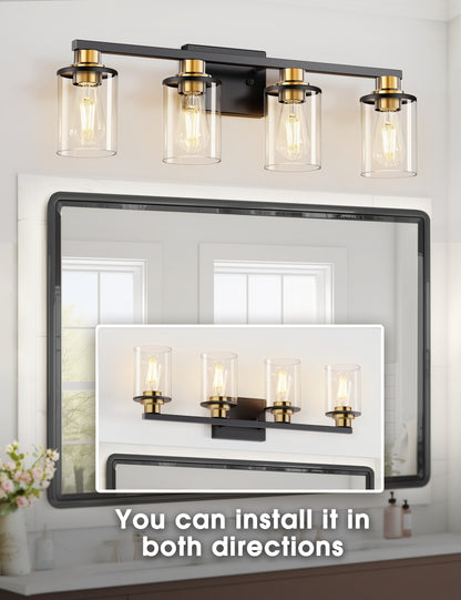 YANSUN 27.2 in. 4 Light Black and Gold Vanity Light with Clear Globe Glass Shades and Square Backplate for Bathroom