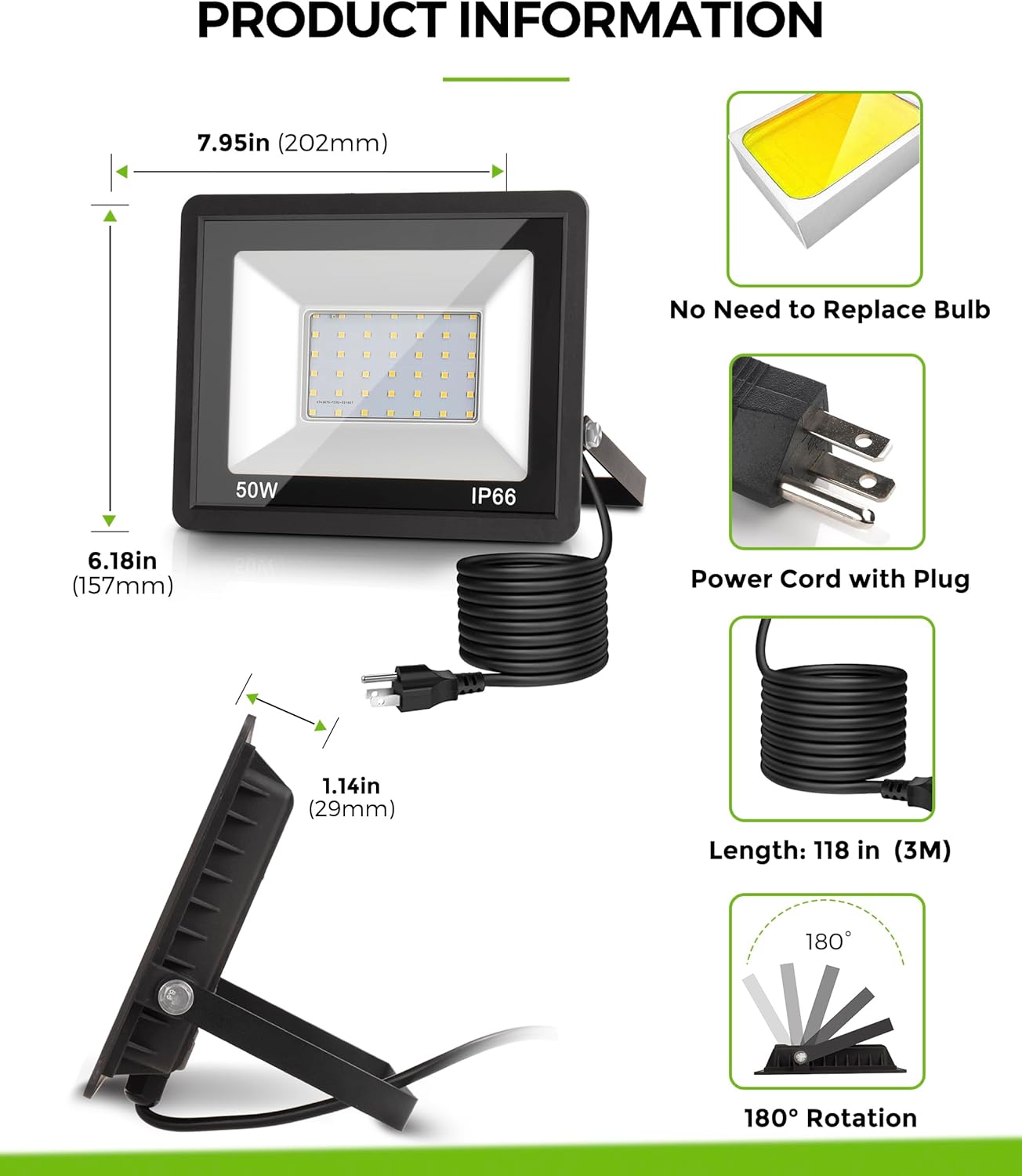 YANSUN 2-Pack Graphene LED Flood Light, Plug-in Motion Sensor, 50W 2300LM, 6000K White Light, IP65 Outdoor Security Floodlight