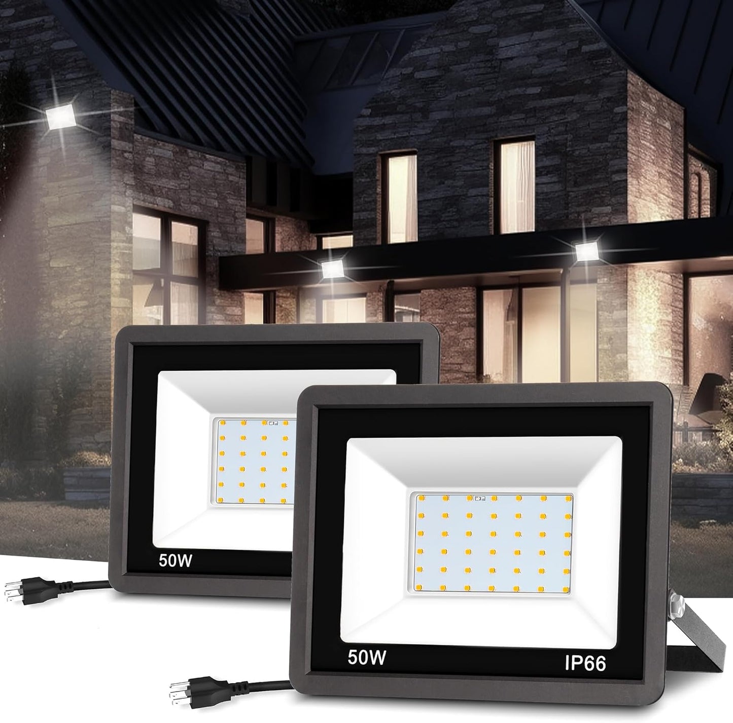 YANSUN 2-Pack Graphene LED Flood Light, Plug-in Motion Sensor, 50W 2300LM, 6000K White Light, IP65 Outdoor Security Floodlight